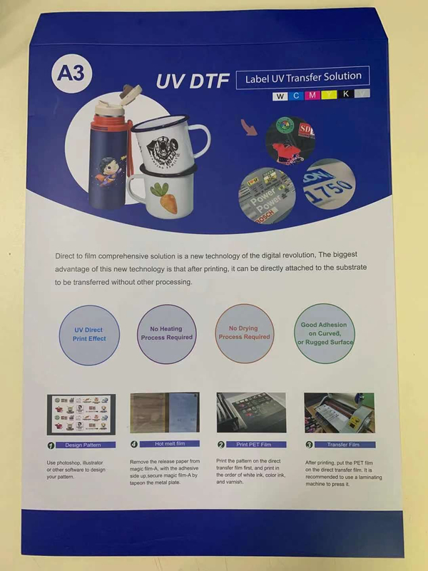 Película UV DTF de tamaño A3/A2 (juego de películas A & B) película mágica de transferencia en frío/caliente UV DTF-etiqueta de cristal UV para solución de transferencia UV